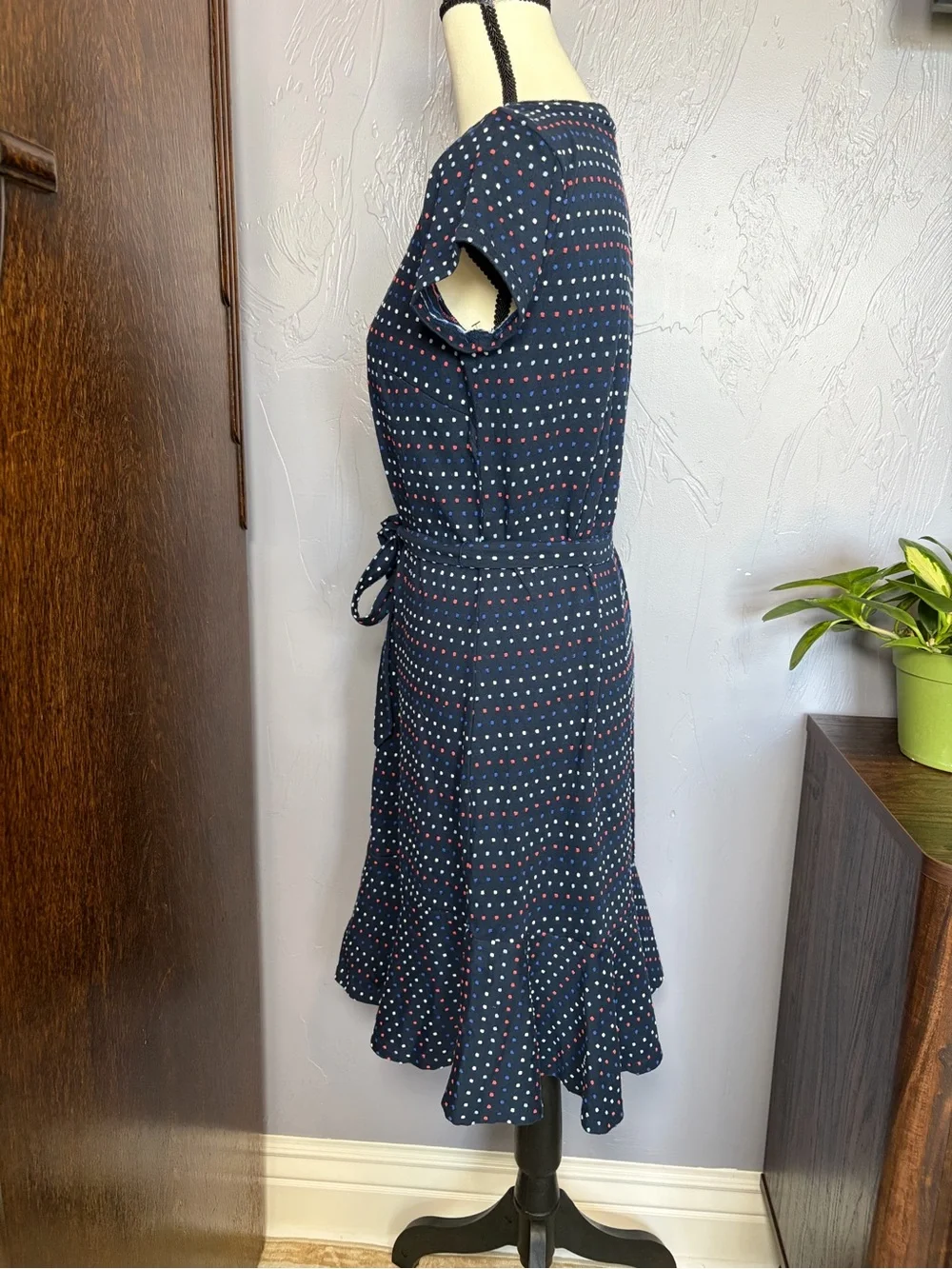 Loft Texture Navy Polka Dot Tie-Waist Dress 100% Cotton XS - Picture 3 of 7